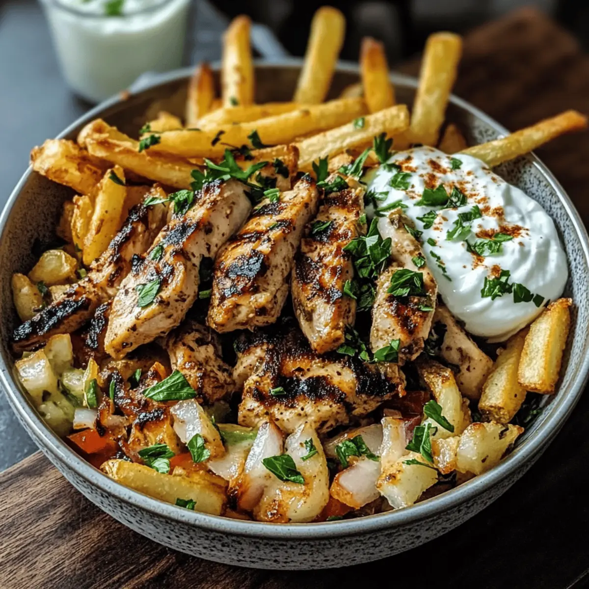 Hähnchen Souvlaki Schalen mit Knoblauchpommes