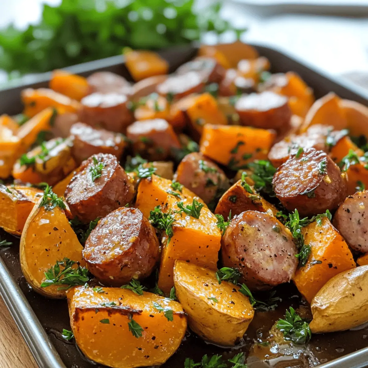 Crispy sausage and sweet potato sheet pan with honey garlic sauce – gluten-free & delicious