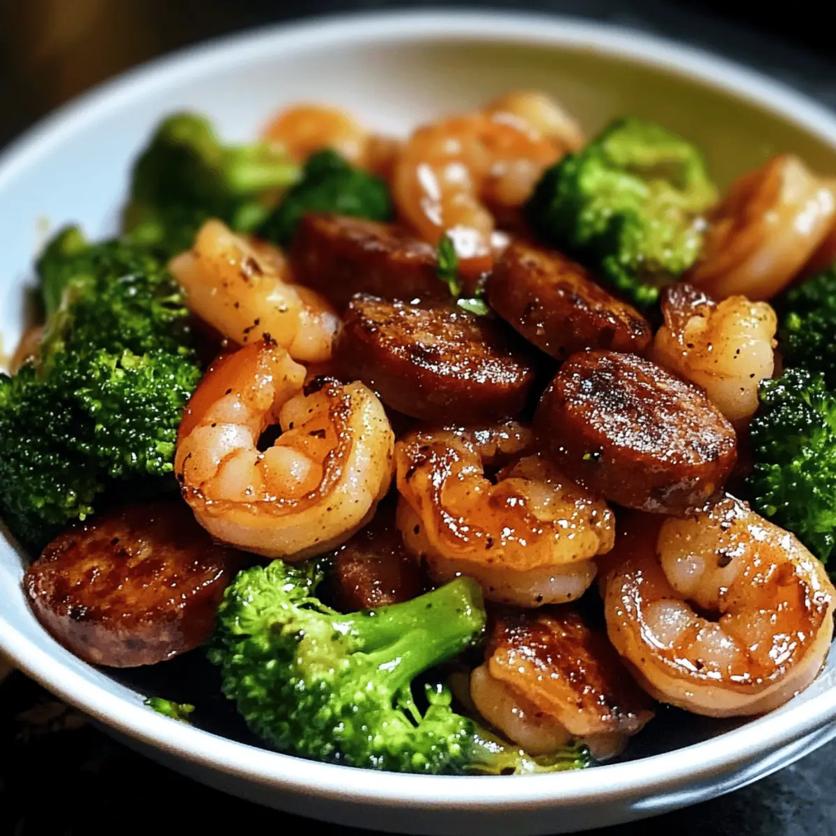 Honig-Knoblauch-Garnelen, Wurst & Brokkoli