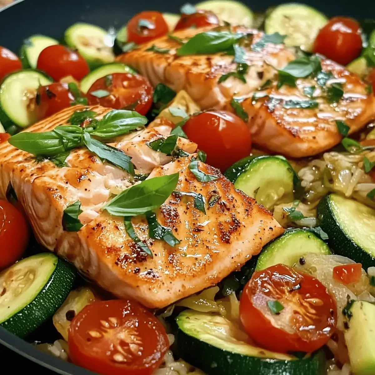 Gesunde Lachspfanne mit Zucchini und Tomaten