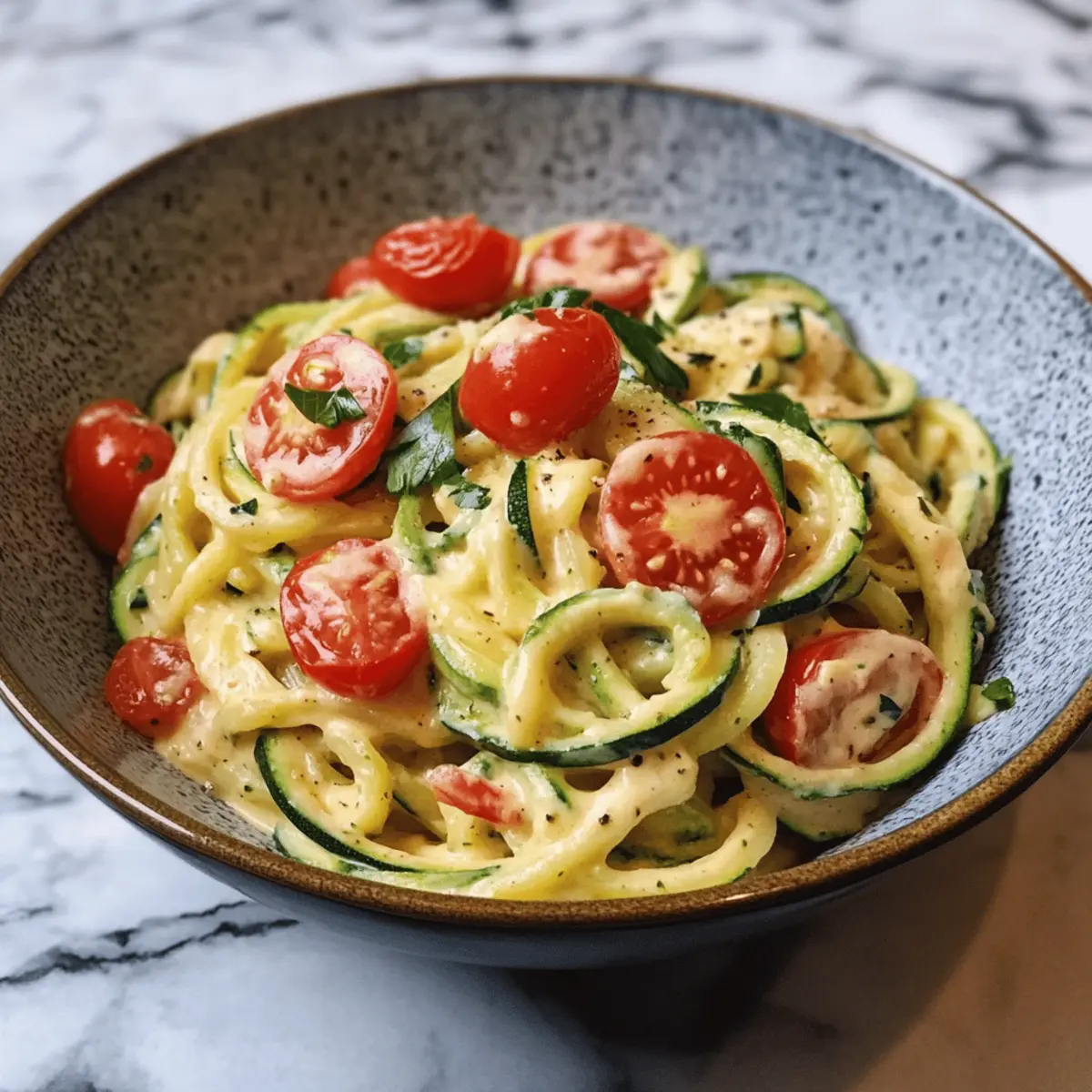 Zucchini-Spaghetti mit Frischkäsesoße und Tomaten