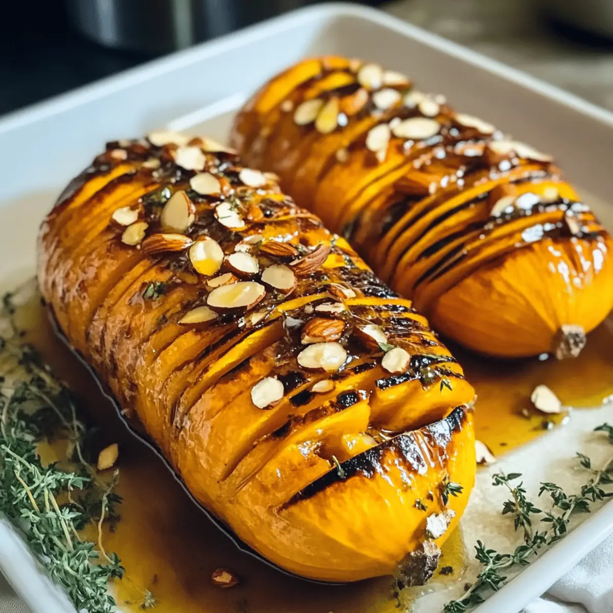 Hasselback Butternut Kürbis mit Honig und Mandeln