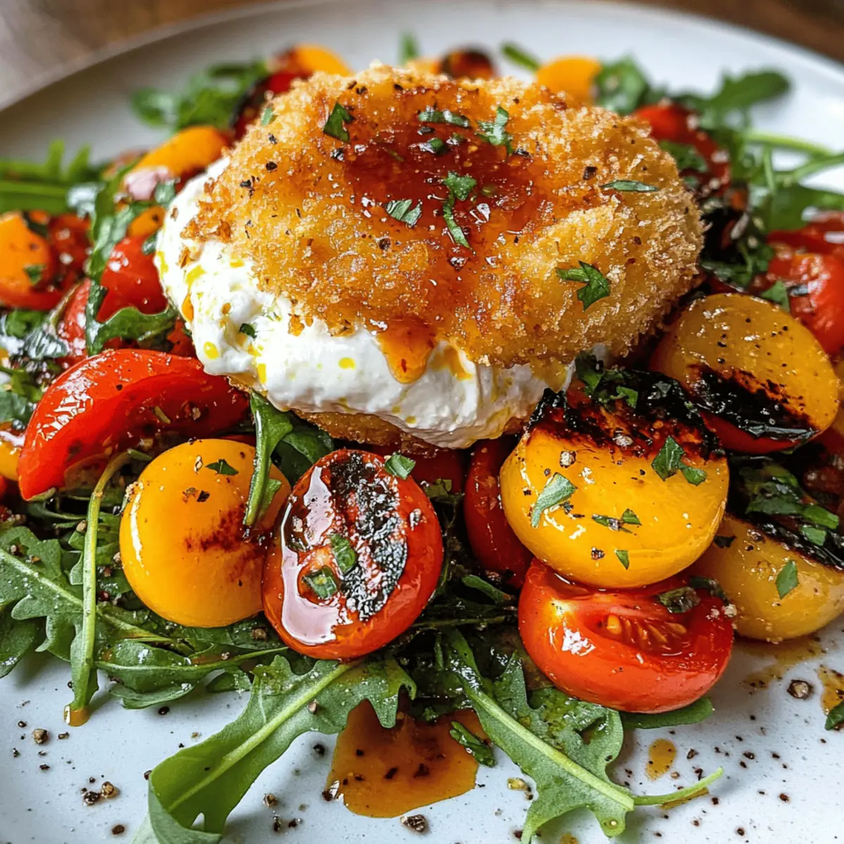 Frittierte Burrata auf Tomaten-Pfirsich-Salat