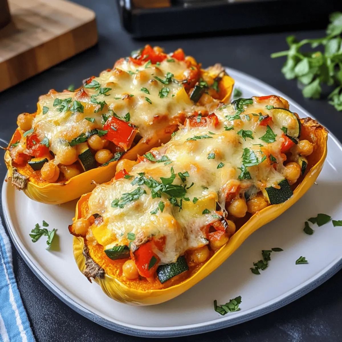 Veganer gefüllter Butternutkürbis aus dem Ofen