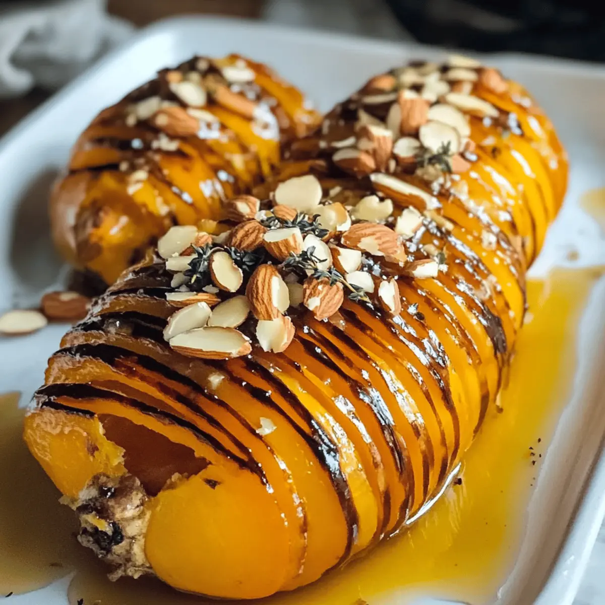 Hasselback Butternut Kürbis mit Honig und Mandeln