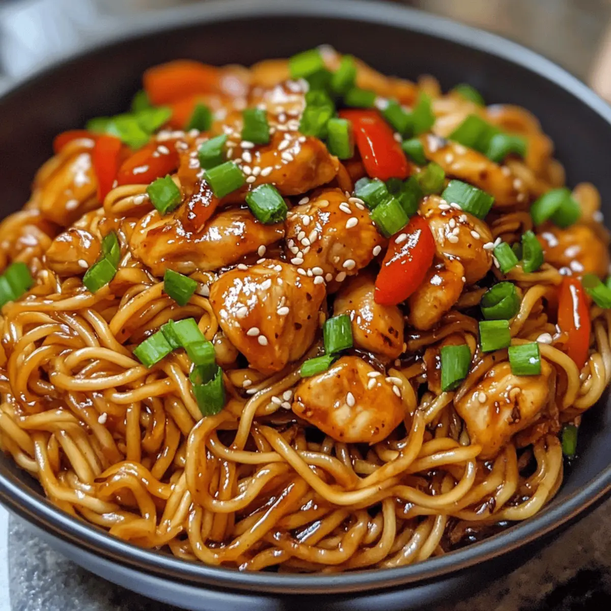 Klebrige Knoblauch-Hühnchen-Nudeln