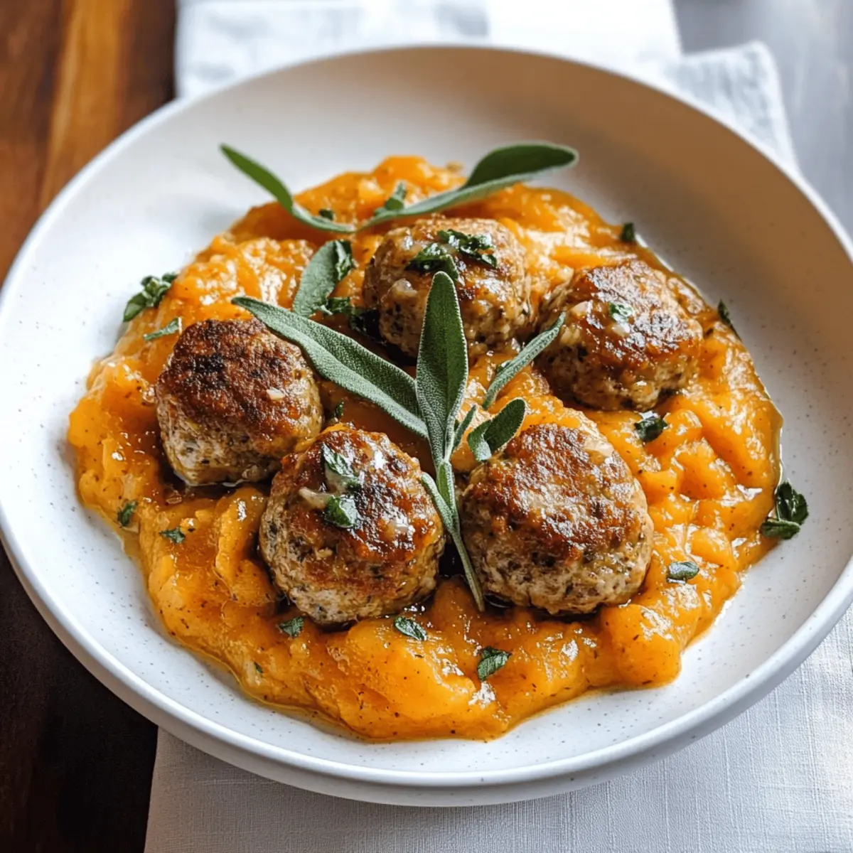 Putenfleischbällchen in Kürbis-Salbei-Sauce