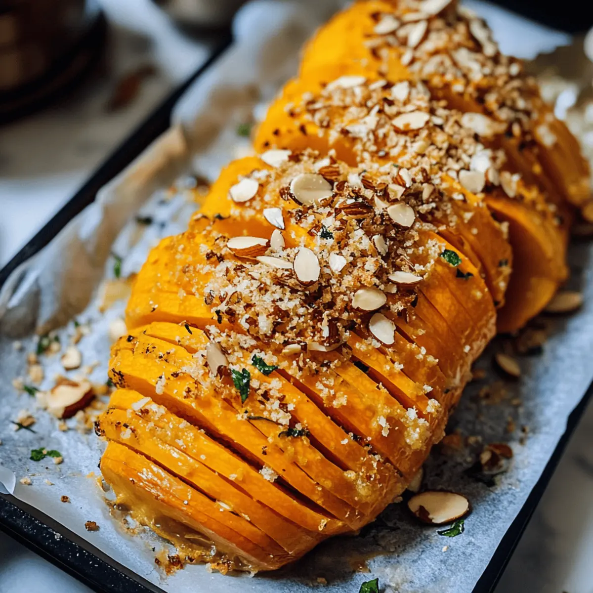 Hasselback-Butternut oder auch Ofenkürbis mit Knusperhaube