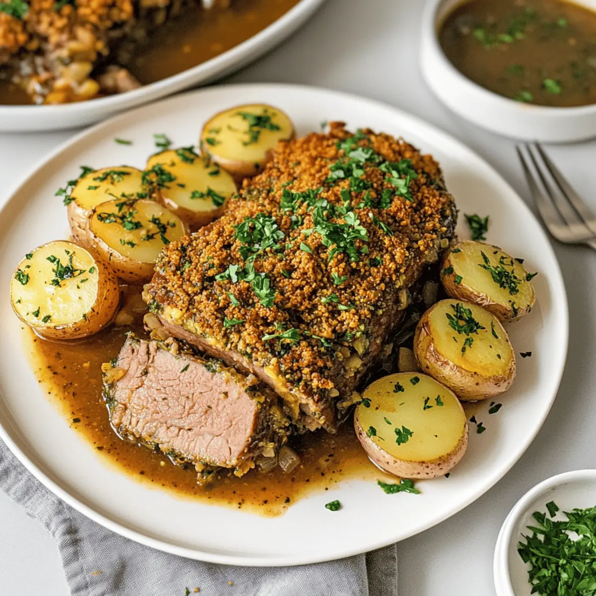 Veganer Braten mit Kräuterkruste, Petersilienkartoffeln und Zwiebelsoße