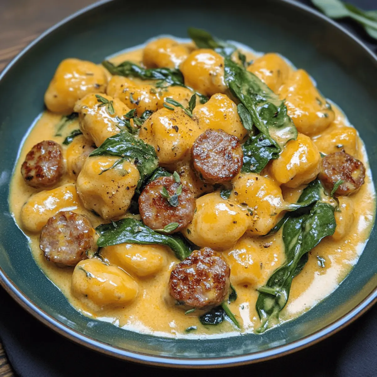 Creamy pumpkin gnocchi with spinach and sausage