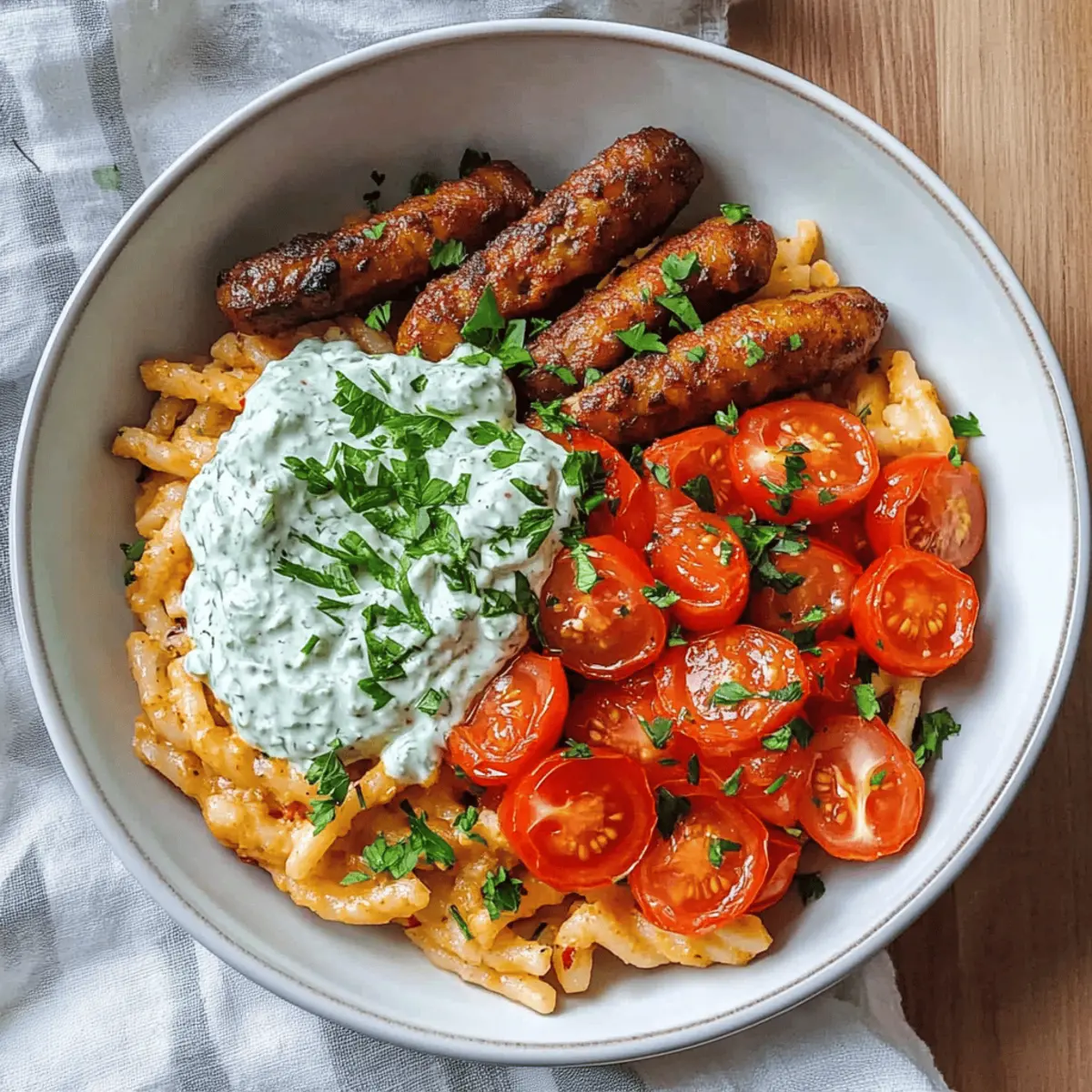 Tomatenkritharaki mit veganen Cevapcici und Tzatziki