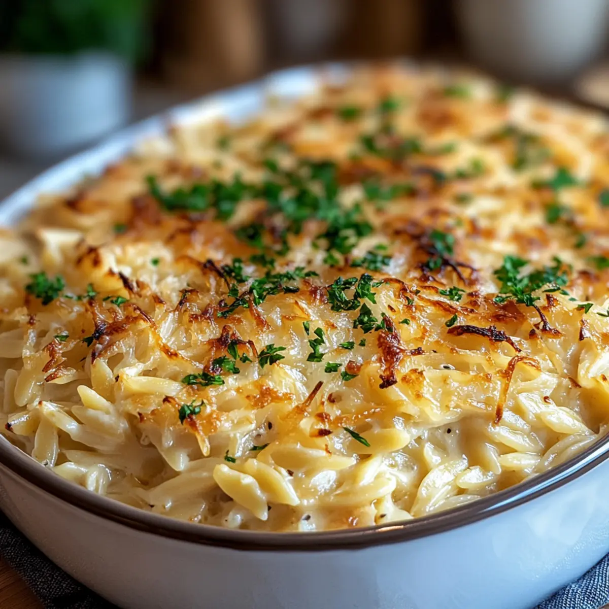 Unwiderstehlicher französischer Zwiebel-Hühnchen-Orzo-Auflauf: Ein Herbstfavorit